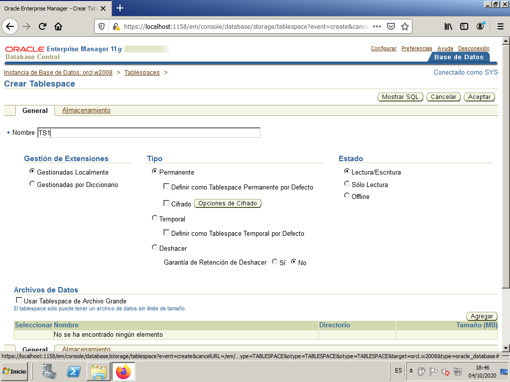 Crear tablespace